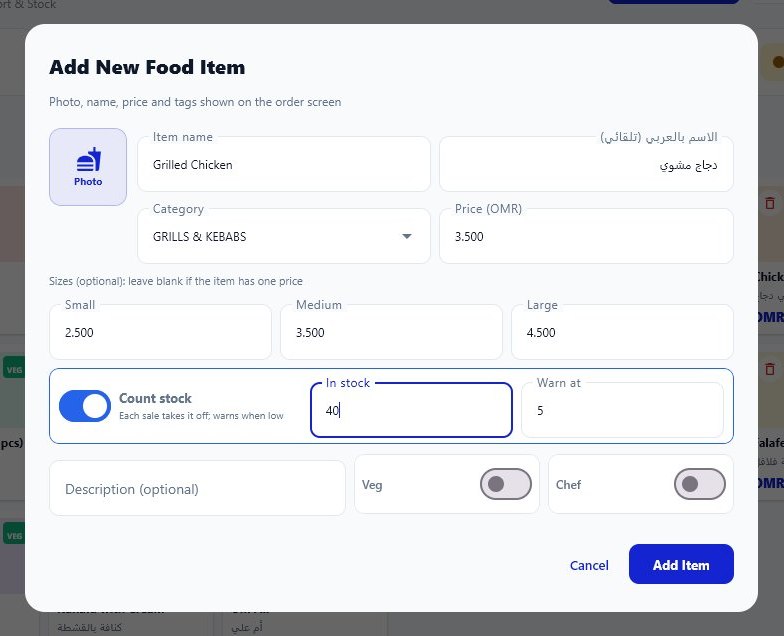 Add food item with Count stock, size prices and automatic Arabic name